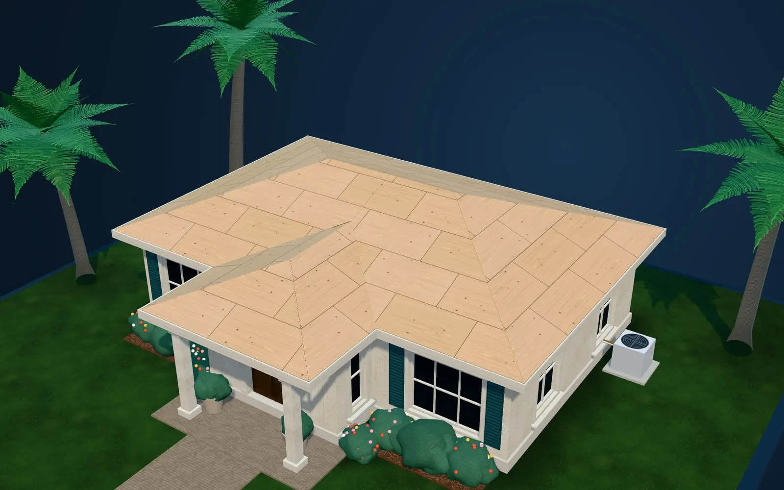 A 3D model of a house with plywood sheathing and white fascia boards on its hip roof