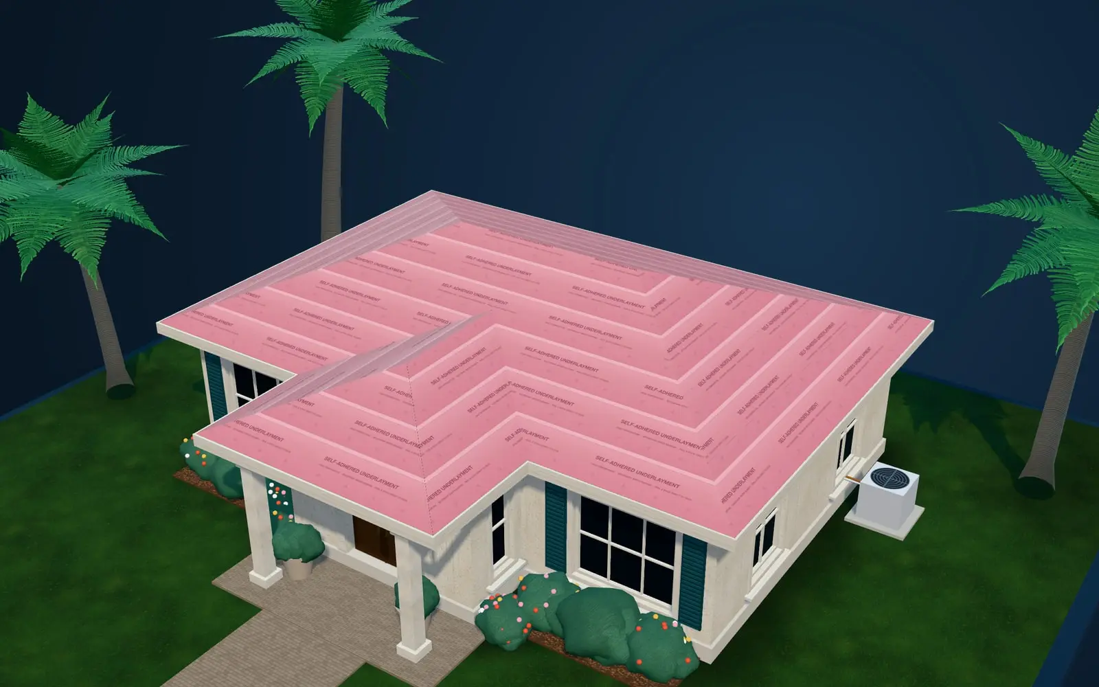 The same house with a pink peel-and-stick water barrier covering the whole roof