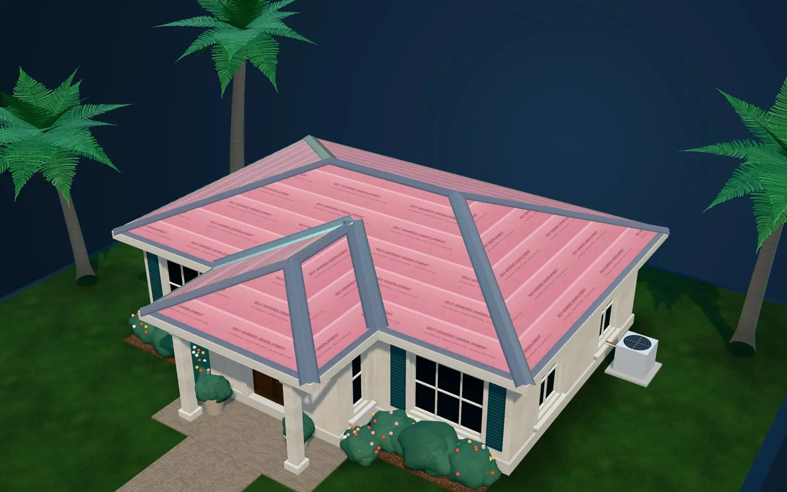The same house with silver drip edge, valley metal and ridge metal over the pink water barrier