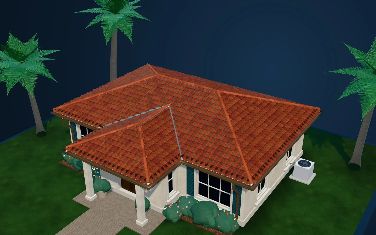 The finished house with a terracotta barrel-tile roof, open valleys, ridge and hip caps, and bronze seamless gutters